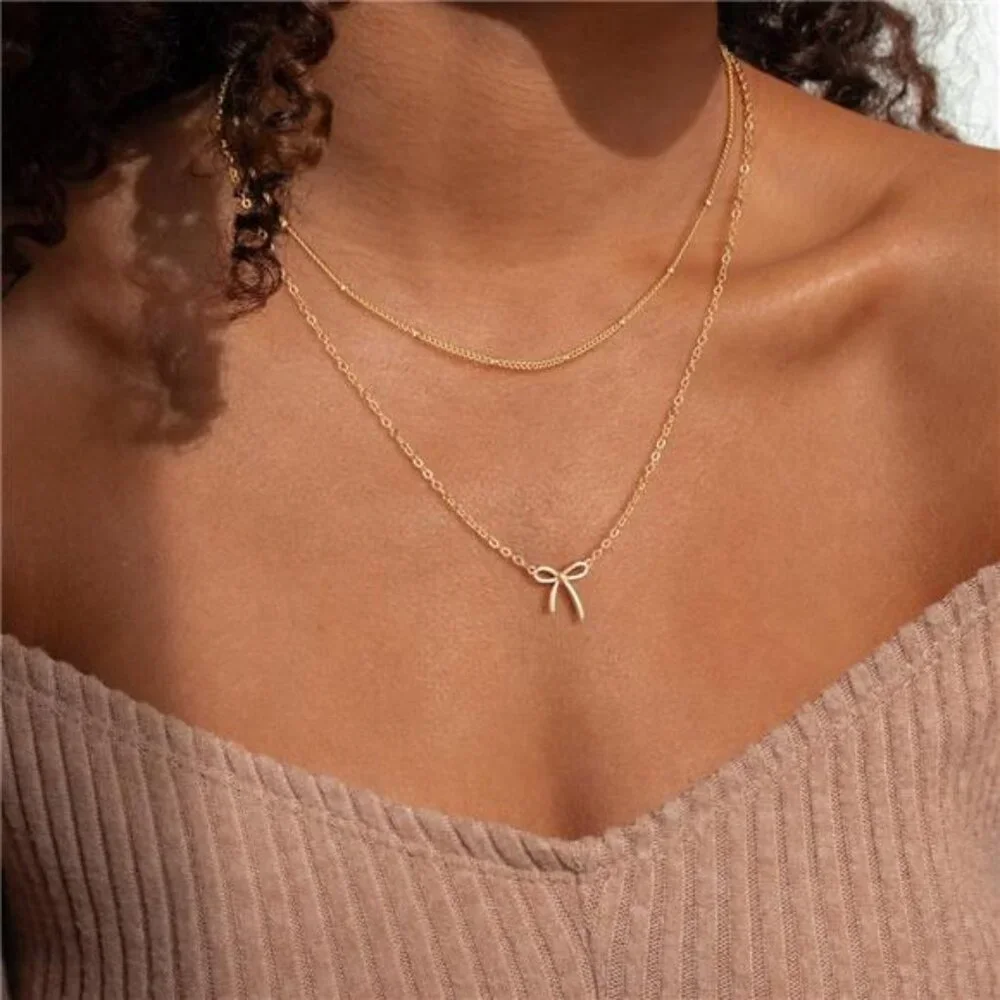 Gold Necklace for Women Bow Necklace 14K Dainty Layered Gold Necklace - Picture 2 of 8